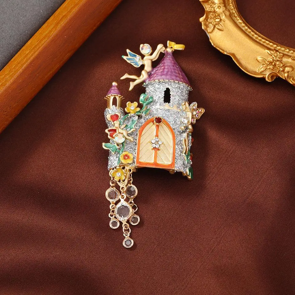 Vintage Fairy Tale Castle Brooch, Openable Castle Lapel Pin with Angel & Tassel Pendant, Elegant Coat Accessory for Women