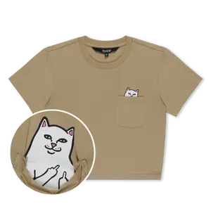 Women's Cotton Baby Lord Nermal Graphic Round Neck Cropped Pocket T-Shirt (Tan)