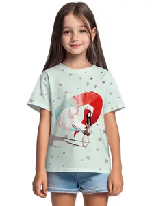 Watercolor-style Little Red Riding Hood and Wolf digital printed summer fashion girls' clothing, 100% polyester designed for energetic children, cute girls' short-sleeve T-shirts, summer casual children's clothing, outdoor sports T-shirts