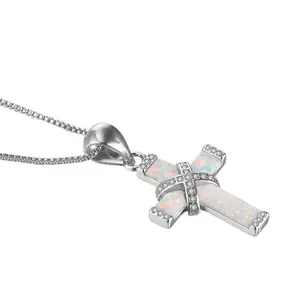 Luxury White Cross Necklace with Opal & Rhinestones, Exquisite Gift Box, Women's Daily & Holiday Jewelry, Ideal Birthday Gift