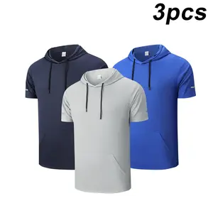 Men's Hooded Short Sleeve T-Shirts - 3pcs Set, Breathable & Comfortable Fabric, Casual Pocket Design, Solid Color, Stylish Sports & Leisure Wear for Summer Activities.RAIMENTRY