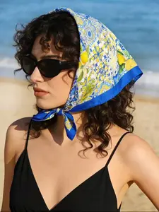 Mediterranean Blue Ceramic Lemon Print Headscarf, Amalfi Coast Summer Vacation Style Bohemian Hair Accessory, Stylish, Daily, Versatile and Comfortable Head Wrap