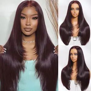 Klaiyi Black Cherry Layered Cut Straight 13x4 Pre-Everything Lace Frontal Wig Put on and Go 7x5 Bye Bye Knots Wig