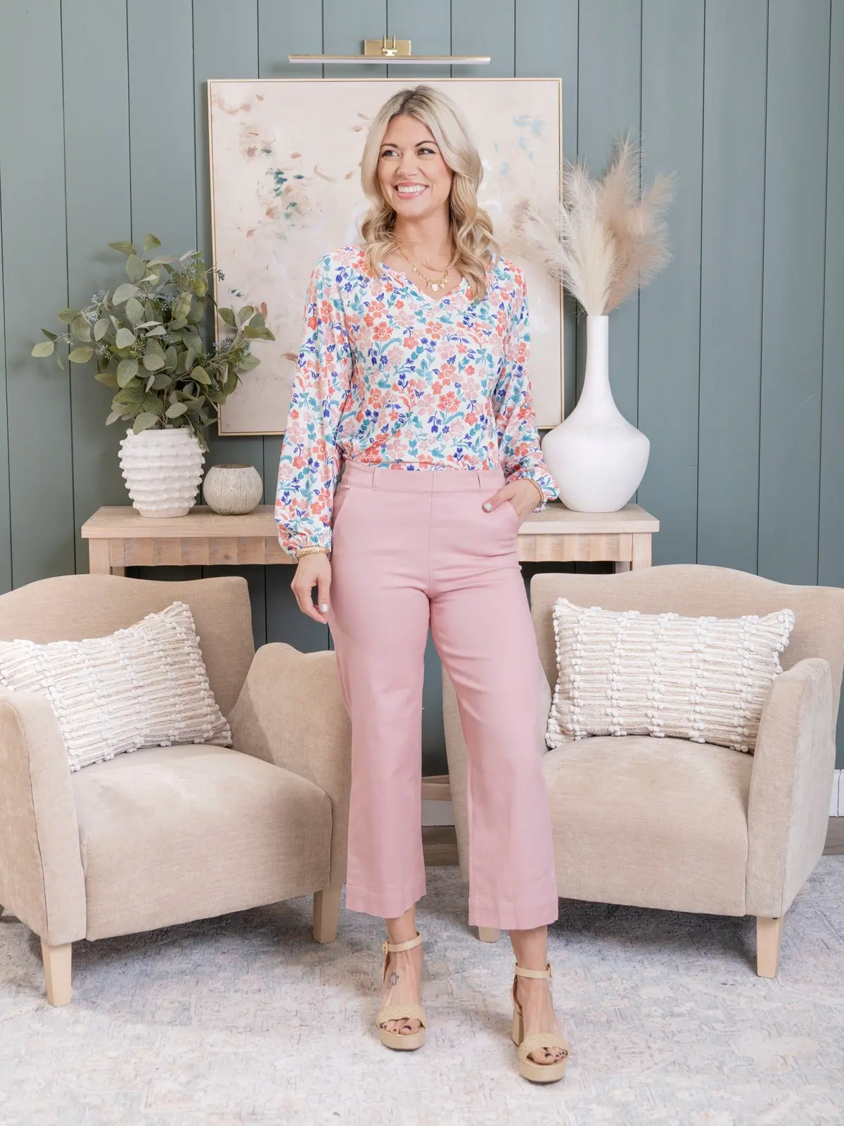 Floral Print V Neck Long Sleeve Top by DD Design | S-3XL Pair w