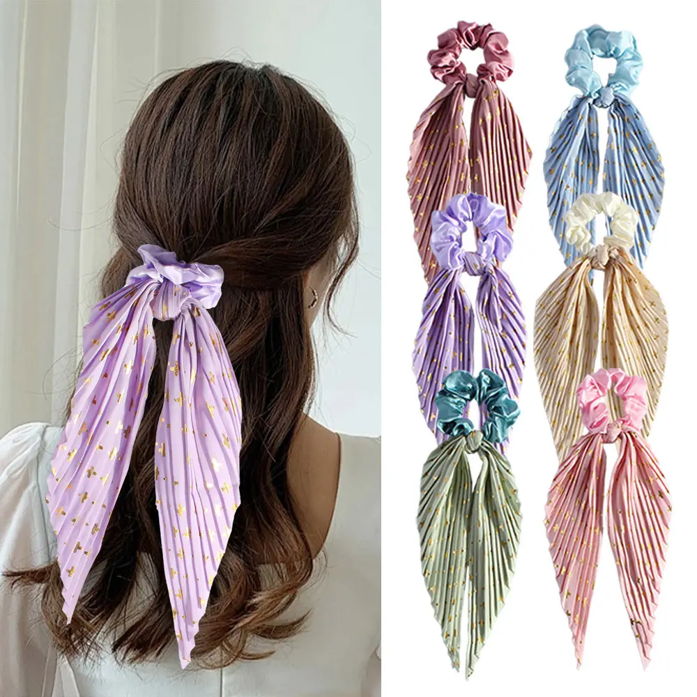 Pleated Satin Scarf Scrunchies for Women, Long Gold Star Print Ribbon Hair Ties, Elegant Flowy Bow Hair Bands for Half Up Ponytail Wedding Daily Hairstyle