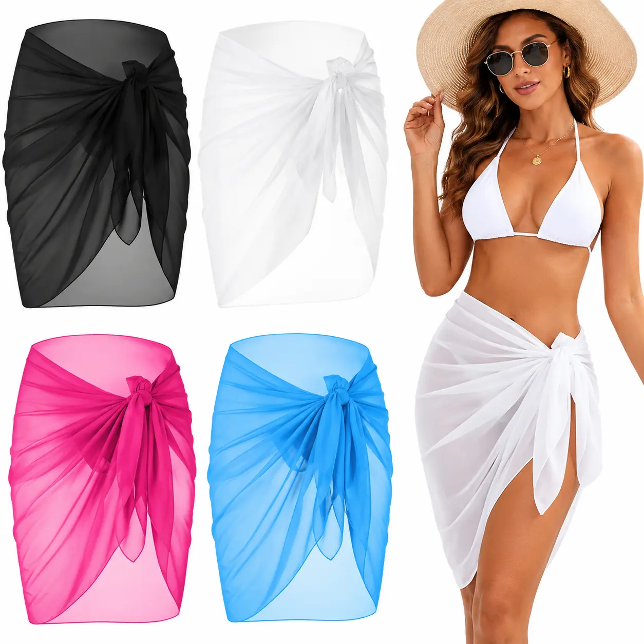 Women's 4-Pcs High-Slit Chiffon Beachwear Cover Up - Short, Lightweight, Quick-Dry Beach Wrap Skirt for Pool Vacations, Swimwear Coverups, Sarong, Swimsuit Cover Up, Bikini Cover Up