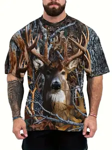 Men's  Fashion T-Shirt with 3D Elk Print - Casual Round Neck Short Sleeve Tee for Summer Outdoor Wear,