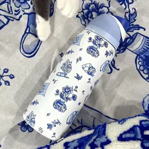 OW(UO x Delft Cat Collaboration) Double-drink Insulated Stainless Steel Outdoor Sports/travel Water Bottle, 32oz/945ml Water Cup With Lock Cap Suitable For Cycling, Car, Camping And Traveling, Bottle Drinkware Flask Tumbler Bottled Portable