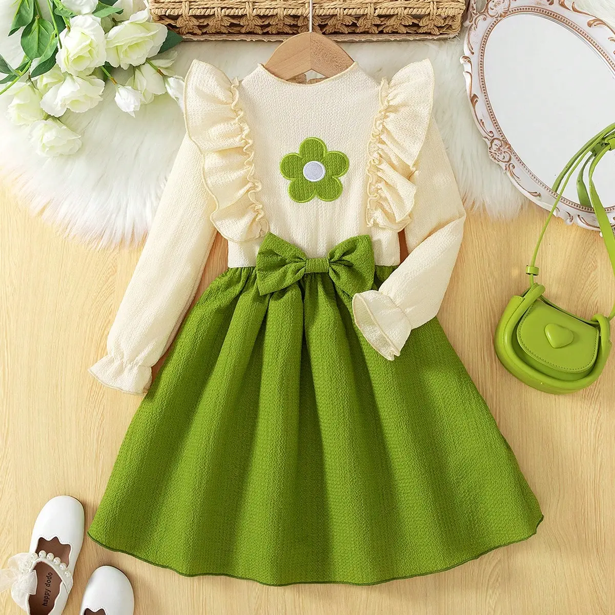 Girls' Little Toddler Cream-Green A-Line Long Sleeve Special Occasion Dress with Ruffled Shoulders, Cute Flower Applique, Casual Elegant Comfort - Perfect for Spring Garden Parties, Formal Events