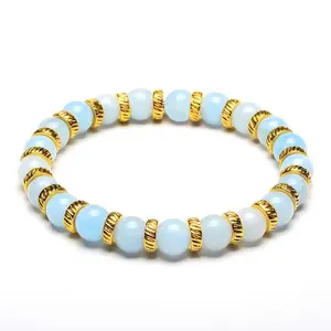Dyed Jade Stone Bead Stretch Bracelet (8mm): Light Blue Female/ Male