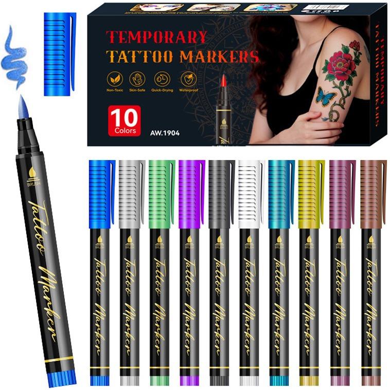 10Colors Temporary Tattoo Pens Set, Waterproof and Sweatproof Long-lasting Body Art Markers for DIY Designs, Multi-Color DIY Face, Arm & Body Art, Easy to Remove, Perfect for Parties and Festive Gifts, fake tattoos, temporary tattoos Fun Cosmetic All Ages
