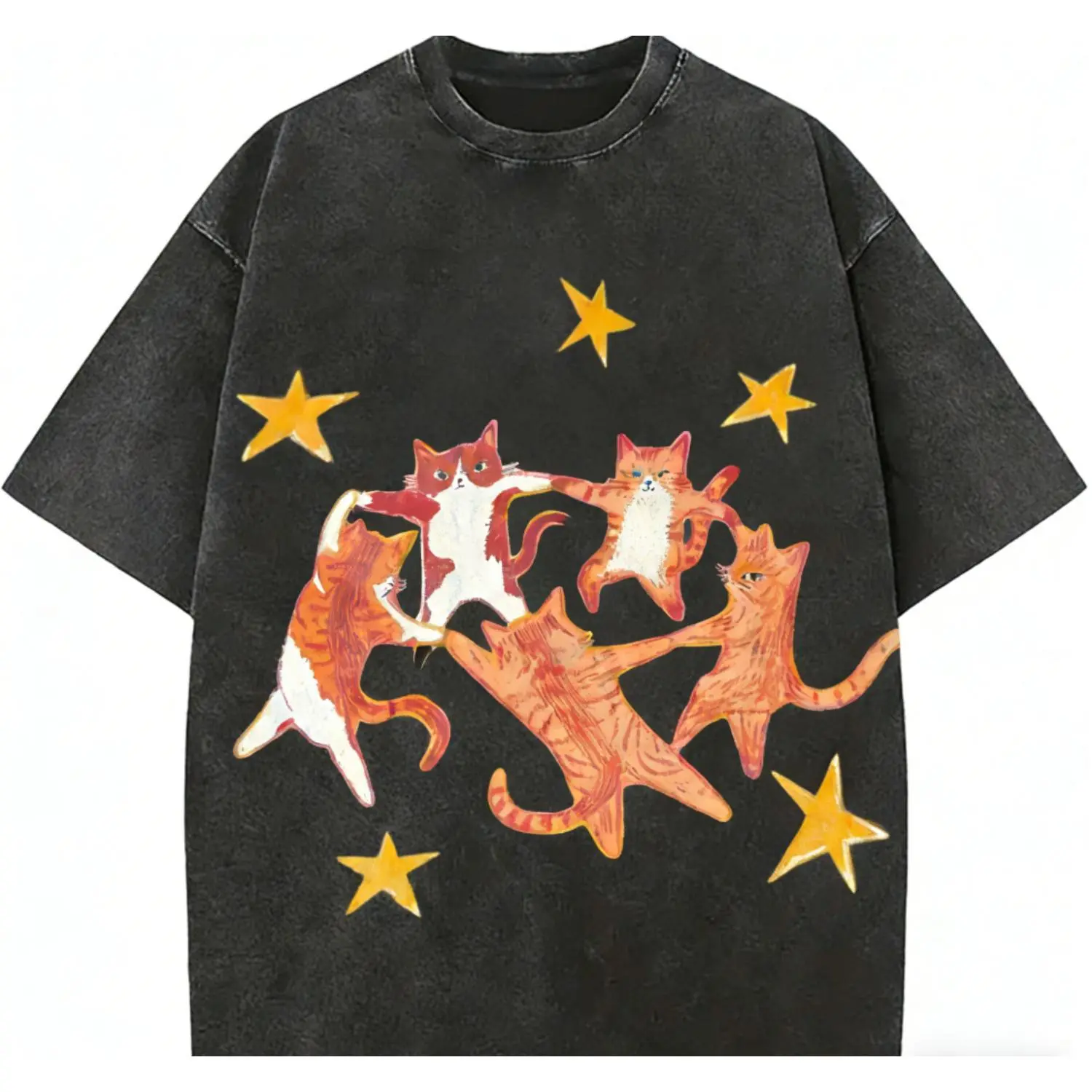 Y2K Vintage Cat & Star Print T-Shirt - Kitten & Paw Print Short Sleeve Top, Unisex Loose Fit Round Neck Tee for Women & Men, Machine Washable Summer Casual Wear, Y2K Aesthetic Dance Outfit Essential