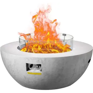 VEVOR Propane Fire Pit, Outdoor Concrete Gas Fire Pit, 39 in Tabletop with Lava Rocks, Lid, Rain Cover, Adjust Flame Height Camping Firepit for Heating, Lighting, 50000 BTU