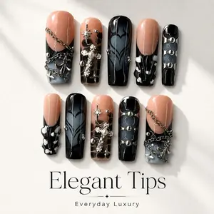 Press On Nails Long Coffin 10 Pieces, Gothic Punk Fake Nails with 3D Metal Cross Charms, Silver Chains, Rhinestones, and Black Heart Art, Luxury Press-on Nail Set for Women