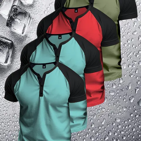 Men's 3-Piece Slim-Fit Short-Sleeve Henley T-Shirt Set - Male Menswear Collared Button Neck Tops, High-Stretch Polyester, Casual Wear, Dry Cleanable