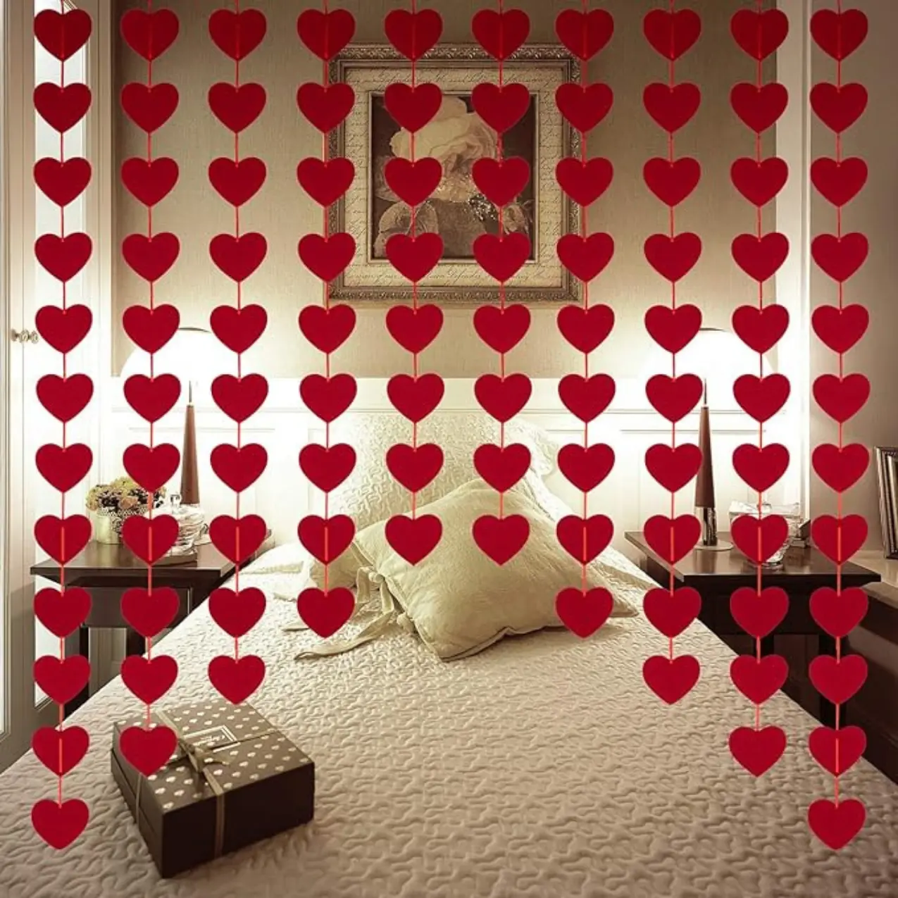 80 PCS - Valentines Day Decorations - Red Felt Garland Hanging String Hearts - NO DIY - Valentines Day Decor for Home Office Wedding Anniversary Birthday Party