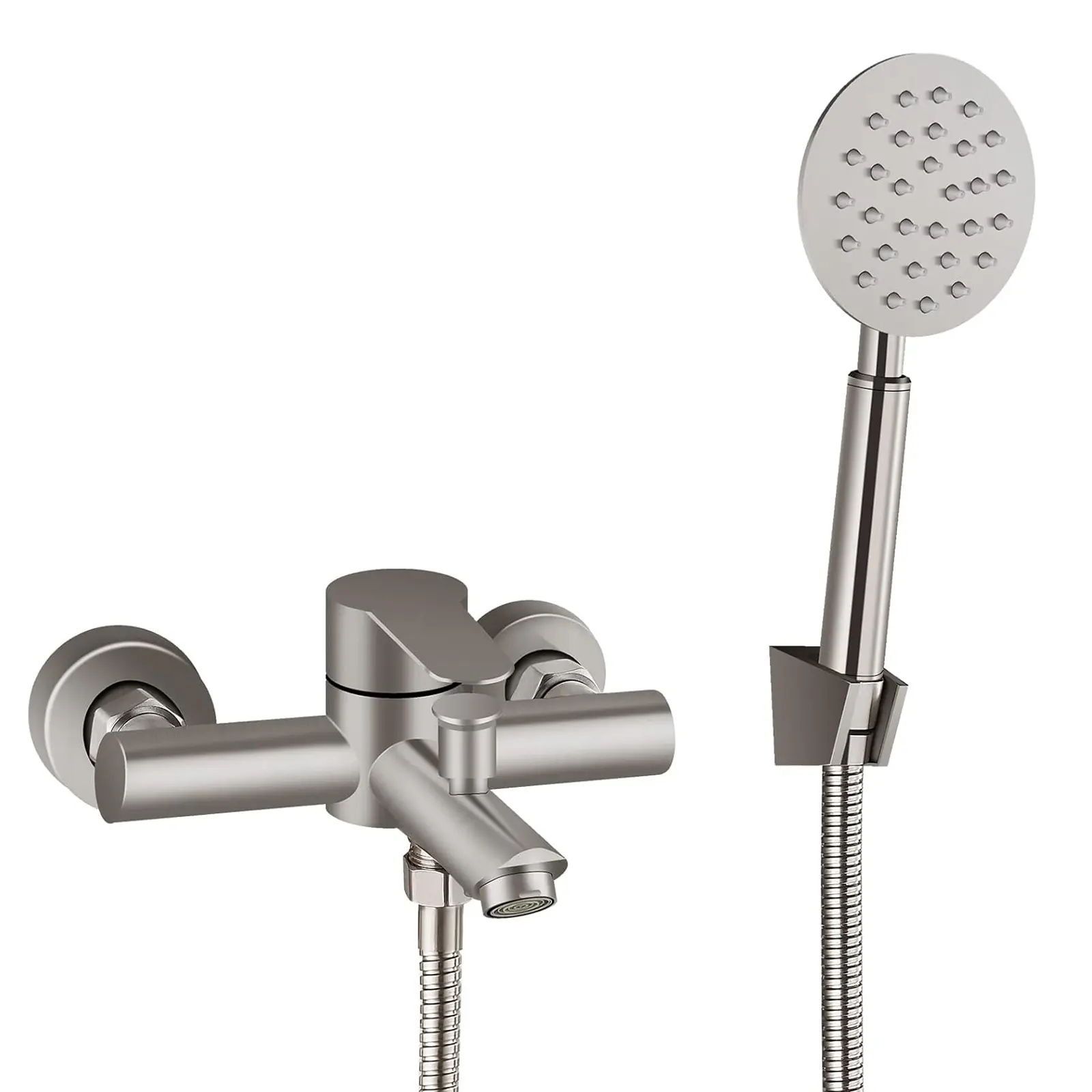 Brushed Nickel Bathtub Faucet Wall Mount Only Tub Filler with Handheld Sprayer 6 Inch Centre Single Handle Shower Mixer Taps Stainless Steel for Bathroom