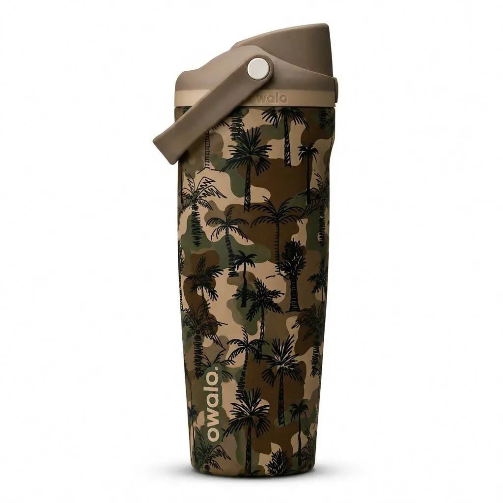 Owala 30oz Tropical Camo Water Bottle with Carry Handle and Straw Lid, Insulated Stainless Steel Sports Tumbler, Palm Tree Travel Cup