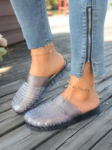Women's Fashion Transparent Hollow Out Mules, Slip on mules, Crystal Mesh Breathable Cool, Soft Sole Flat Casual Beach Sandals, Summer Essential, Footwear