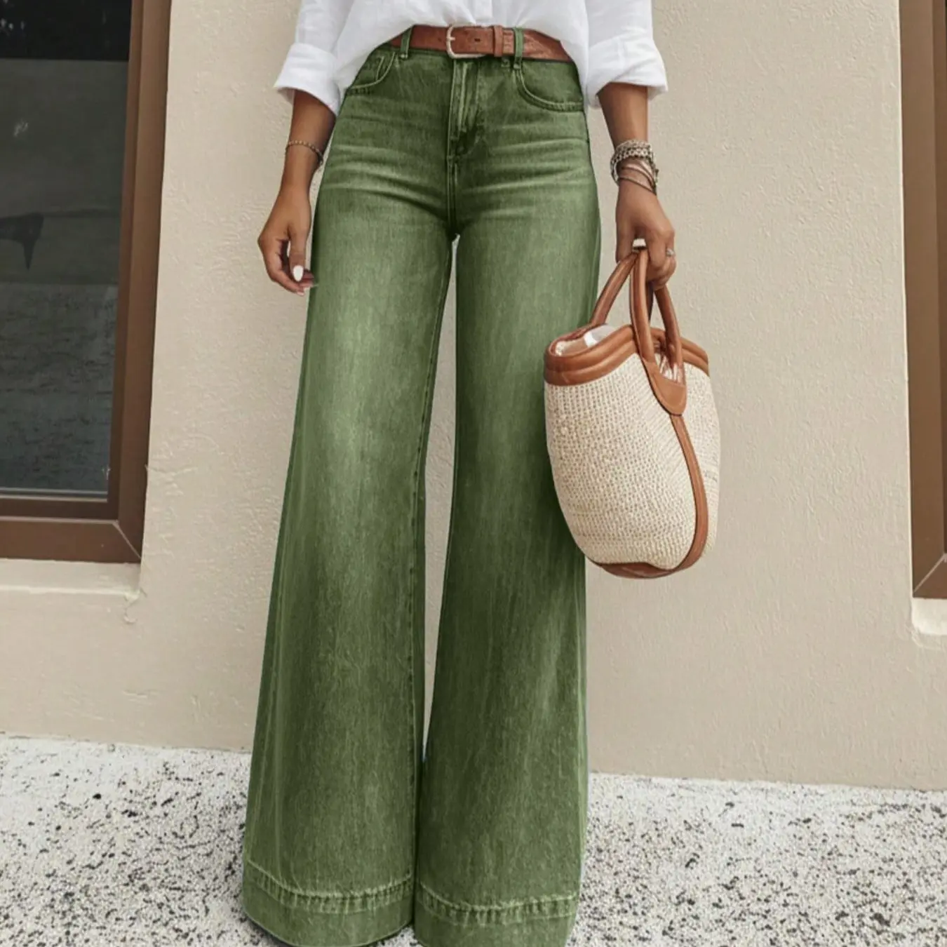 Women High Waist Loose Wide Leg Denim Pants Retro Dark Wash Wide Leg Jeans