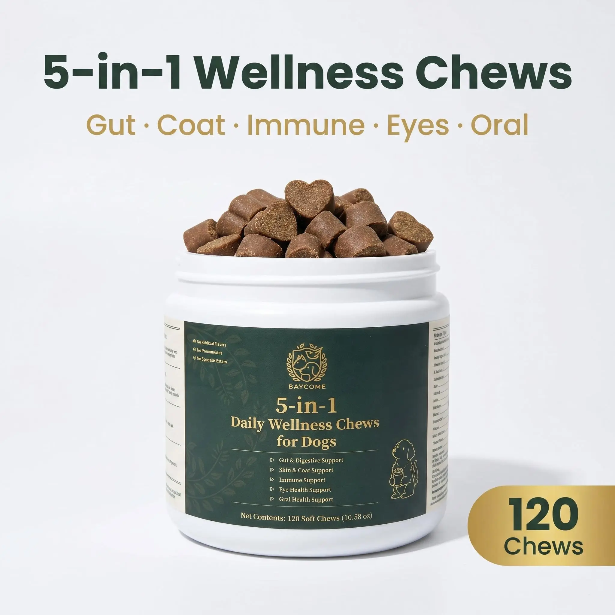 5-in-1 Dog Wellness Chewables with Probiotics, Cranberry, Lutein & Vitamin A, 10.58 oz, Gut, Immune, Skin, Eye & Oral Support, 120 Soft Chews, Dl-Methionine-B
