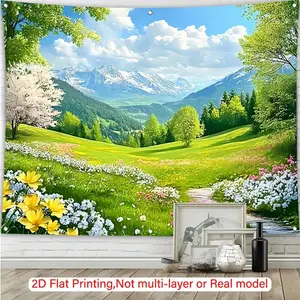 1pc Landscape Backdrop - Scenic Floral Meadow with Mountains - Realistic Nature Photography Background for Home, Studio, Parties - Wedding, Birthday, Christmas Decoration - No Electricity Needed