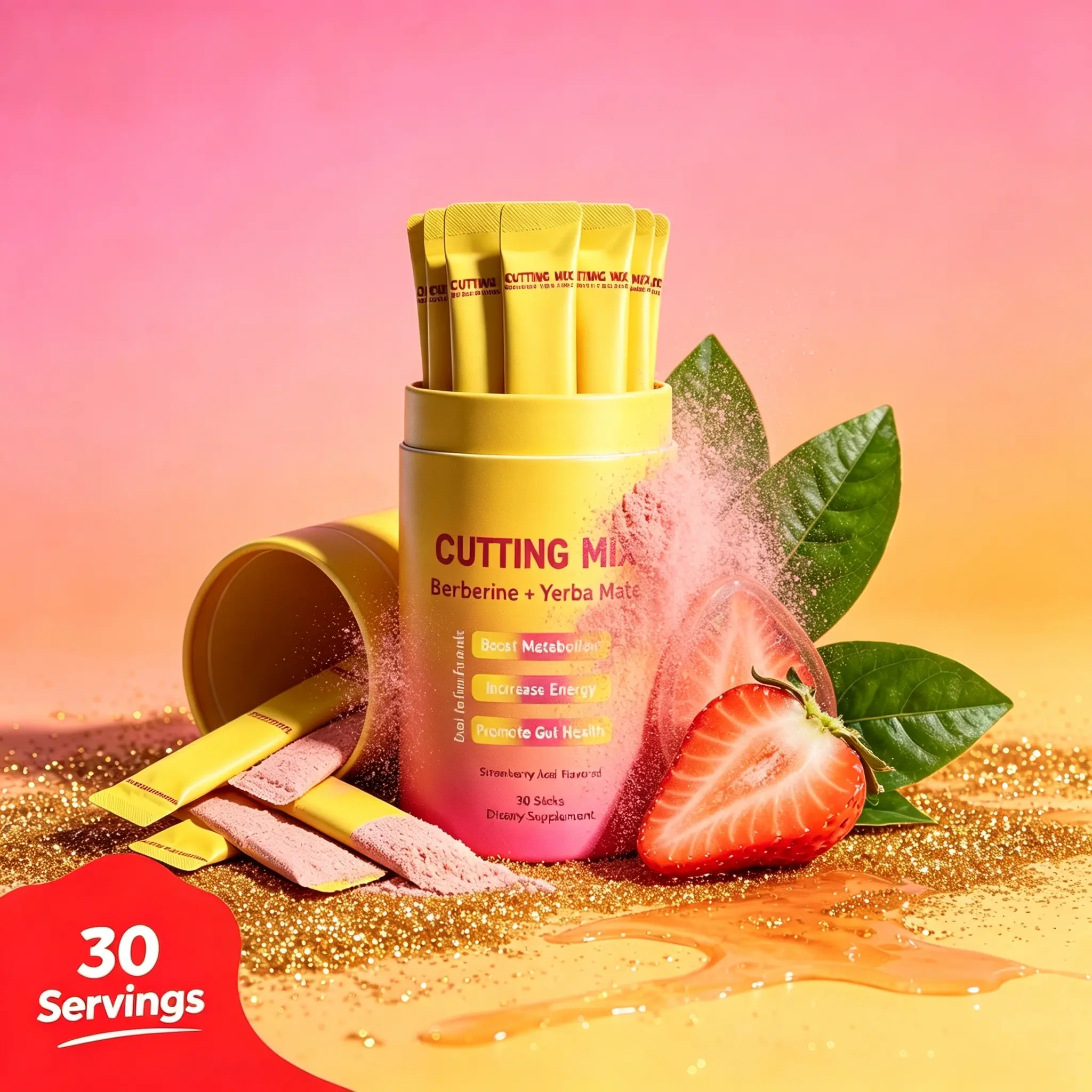 Cutting Mix Dietary Supplement Sticks 30 Servings, Strawberry Acai Flavor Daily Wellness Support with Berberine & Yerba Mate, Gentle Fiber Supplement for Everyday Vitality & Balanced Lifestyle