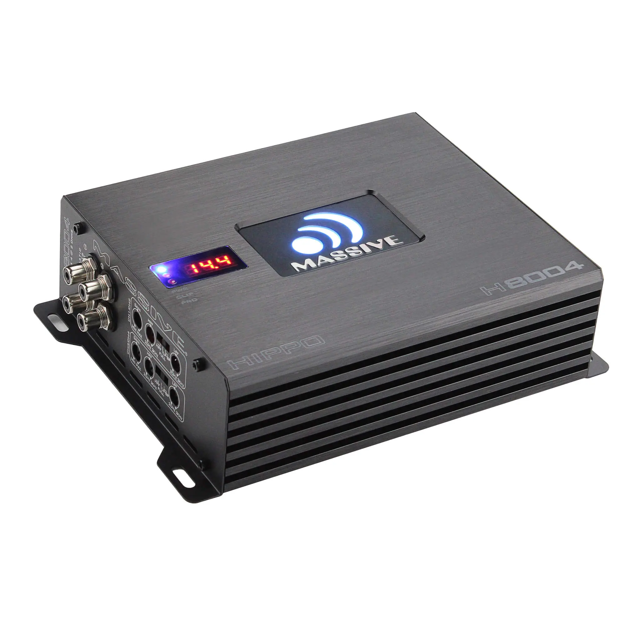 Massive Audio H8004 Ultra-Efficient 125 Watts RMS x 4 @ 4 Ohm 4 Channel Amplifier with Massive Core Technology Advanced Circuitry Digital Voltage LED Display & Remote Output