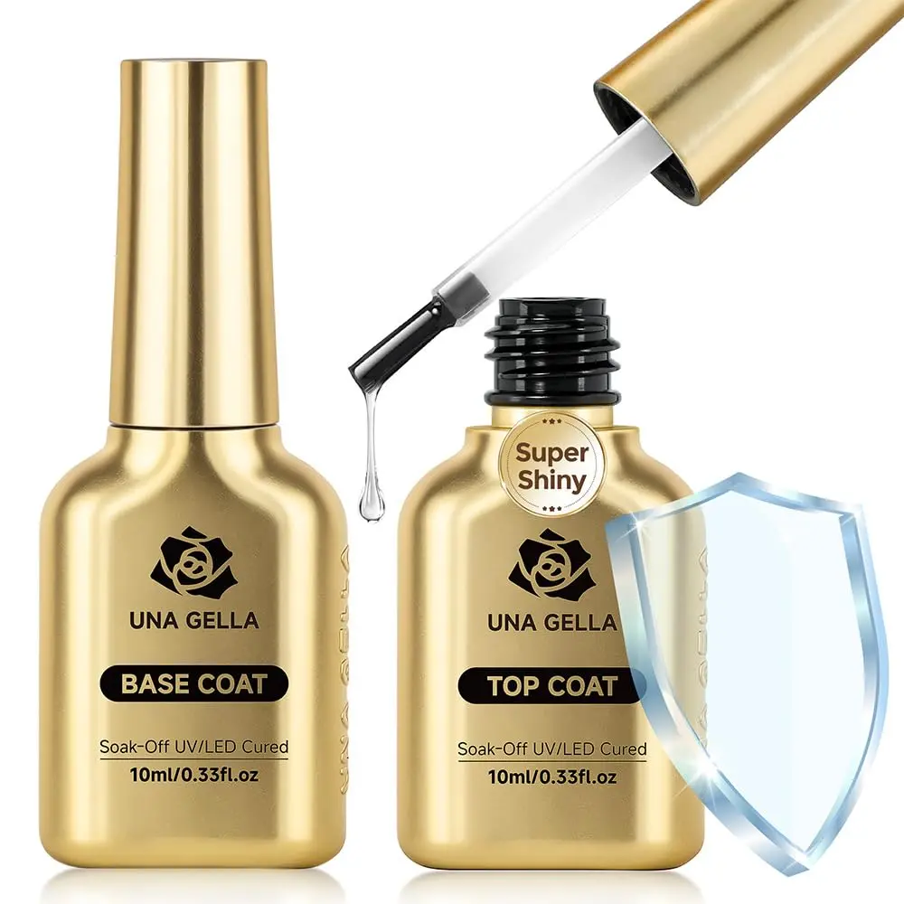 UNA GELLA Gel Base and Top Coat Set, 2-Piece Acid-Free No Wipe Formula for Full Coverage Manicure, High Gloss Strengthening Soak Off UV/LED Polish, Nail Beauty Products