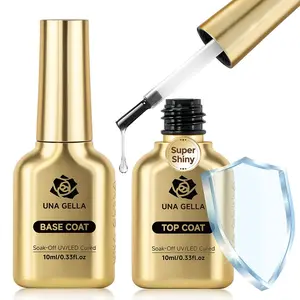 UNA GELLA No Wipe 2PCS Gel Top Coat Base Coat Set, Highly Glossy Gel Nail Polish Top Coat Strengthen and Acid-Free Clear Nail Base Soak Off, Key to Manicure for Her (U V Cure Need)