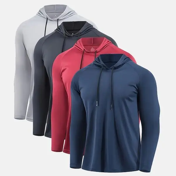 CXQVRLIXO Men's 4 Pack Quick Dry Hooded Long Sleeve Shirts, Lightweight Breathable Workout Pullover Hoodies for Men, Casual Athletic Tops