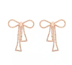 Crystal Bow Drop Earrings 1 5/8" L Goldtone Post Back Delightful Dainty Earrings for Women Unisex Fashion Jewelry