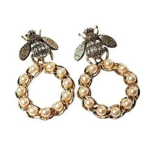 Antique 22k Gold Plated Honey Bee Earrings - Circular Chains with Lustrous Pearls, Elegant Accessory for Any Occasion