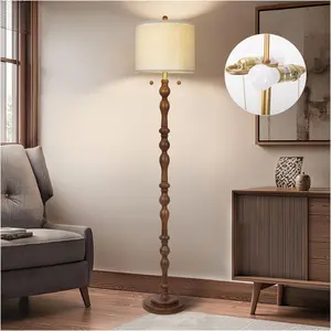 65.5" Natural Real Wood Floor Lamp with S Cluster Pull Chains Dual Switch,Wood Base Standing Lamp,Rustic Tall Lamp with Linen Shade,Farmhouse Floor Lamp for Living Room,Bedroom,Office(Bulb Included)