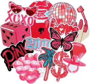 Pink Preppy Iron on Patches for Hats, 15 Pcs Y2k Vintage Patch for Backpacks, Cute Girly Embroidered Sew on Applique Accessories Heat Press for Clothes DIY Decoration