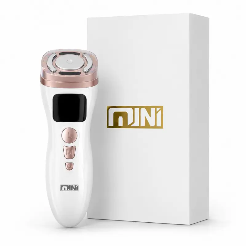 MINI HIFU RF EMS Facial Beauty Device, 3-in-1 Plug-In Face & Neck Beauty Massager, RF Warm Care & EMS Microcurrent Skin Care Tool, Use with Serum or Cream, Power Adapter Included