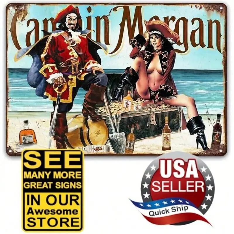 Aluminum Wall Mount Pirate Sign Decorative Wall Plaque with Pinup Girl Art Captain Rum Bar Vintage Garage and Den Decor Novelty Hanging Decoration for Home