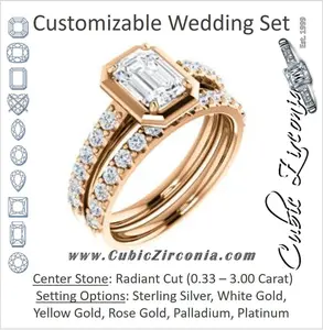 CZ Wedding Set, featuring The Lynette engagement ring (Customizable Cathedral-style Bezel-set Radiant Cut 13-stone Design with Round Band Accents)