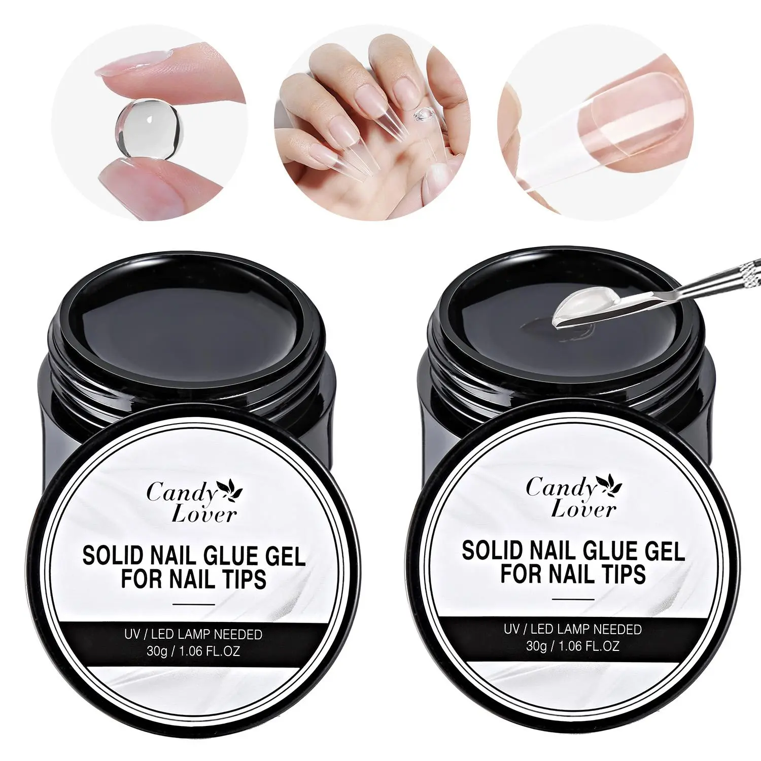 Candy Lover 2Pcs 15g Nail Glue Gel for Press-On Nails, Solid UV/LED Cured Nail Bond Gel, Repositionable No-Drip Adhesive for Fake Nail Tips, Acrylic Nails & DIY Nail Art