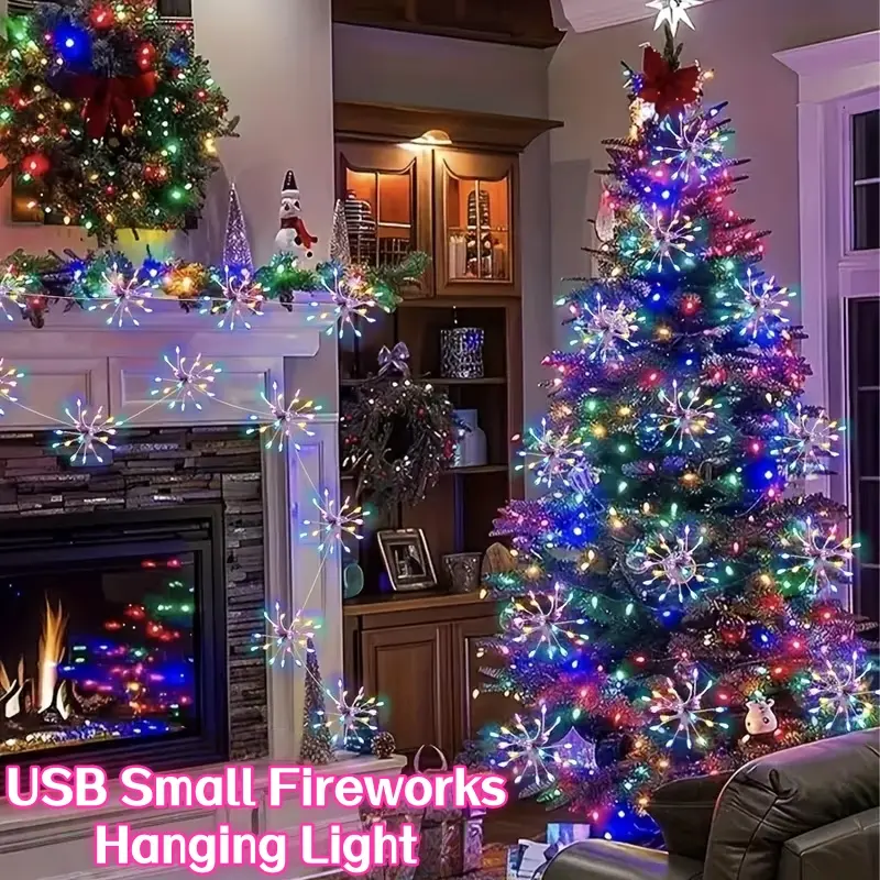1pc USB Firework Explosion Star String Lights, Remote Control, 8 Modes & 100/50 Fancy LEDs, Fairy Atmosphere Decorative Light Strings, LED Lit, DIY Handcrafted Ornament for Wreaths & Christmas Trees, Valentine's day, Wedding Party Decor