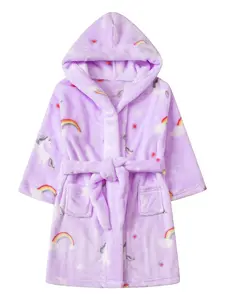 Girls' 18m Purple Unicorn & Rainbow Print Soft Fluffy Polyester Long Sleeve Hooded Robe with Pockets, Machine Washable, Do Not Dry Clean, Ideal Kids' Sleepwear