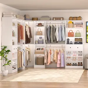 99''-159'' Set of 3 Freestanding Corner Closet System with 2 Drawers and 6 Hanging Rods, Reversible Walk-in Closet Organizer with Adjustable Shelves