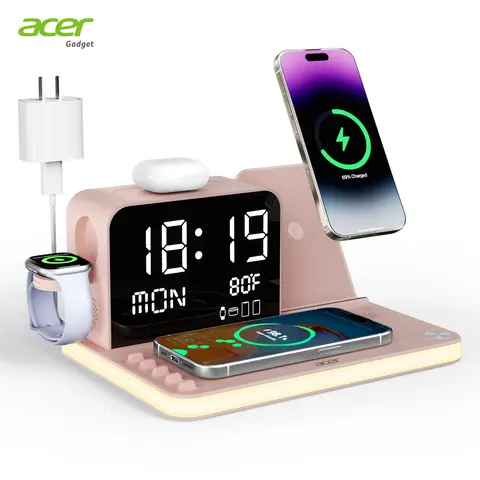 Acer 7-in-1 Wireless Charging Station - MagSafe Magnetic, LED Display with Lights, Bluetooth Time Sync Clock, Temperature Display, USB-A/USB-C Ports, Dual Charging for Smartphone, Smart Watch, Wireless Earbuds - Electronic Gift