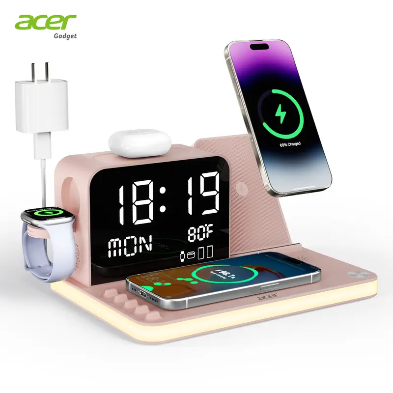 Acer 7-in-1 Wireless Charging Station - MagSafe Magnetic, LED Display with Lights, Bluetooth Time Sync Clock, Temperature Display, USB-A/USB-C Ports, Dual Charging for Smartphone, Smart Watch, Wireless Earbuds - Electronic Gift