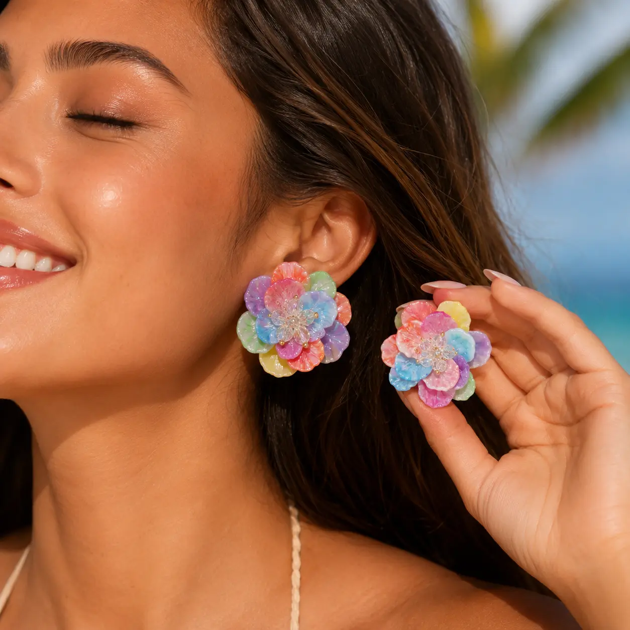Women's Floral Layered Stud Costume Earrings with 4.5cm Colorful Rainbow Pearls - Sparkling, Elegant, Lightweight, Comfortable, Playful Fashion Jewelry for Daily Wear & Summer Gifting, Floral Layers, Playful Look, Stud Shape