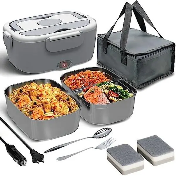 Electric Lunch Box for Adults 80W Fast Heated with Dual 1.5L Stainless Steel Containers Portable Food Warmer for Car Truck lonchera eléctrica portátil Tableware