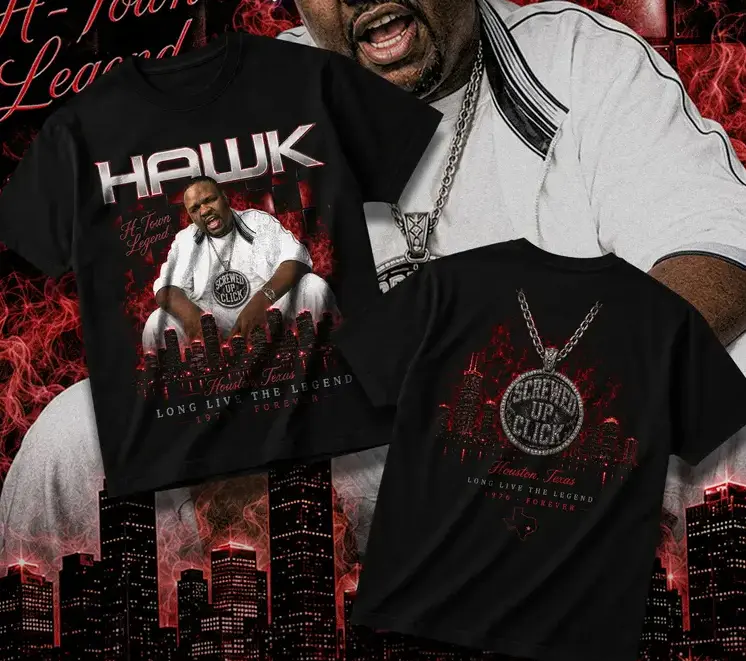 Big Hawk Long Live The Legend Heavy Cotton Unisex Graphic T-Shirt Hoodie H.A.W.K Houston Rap Hiphop Texas Screwed Up Click DJ Screw 713 Crewneck Tee, Vintage Streetwear Graphic T-Shirt Direct To Garment Breathable Print