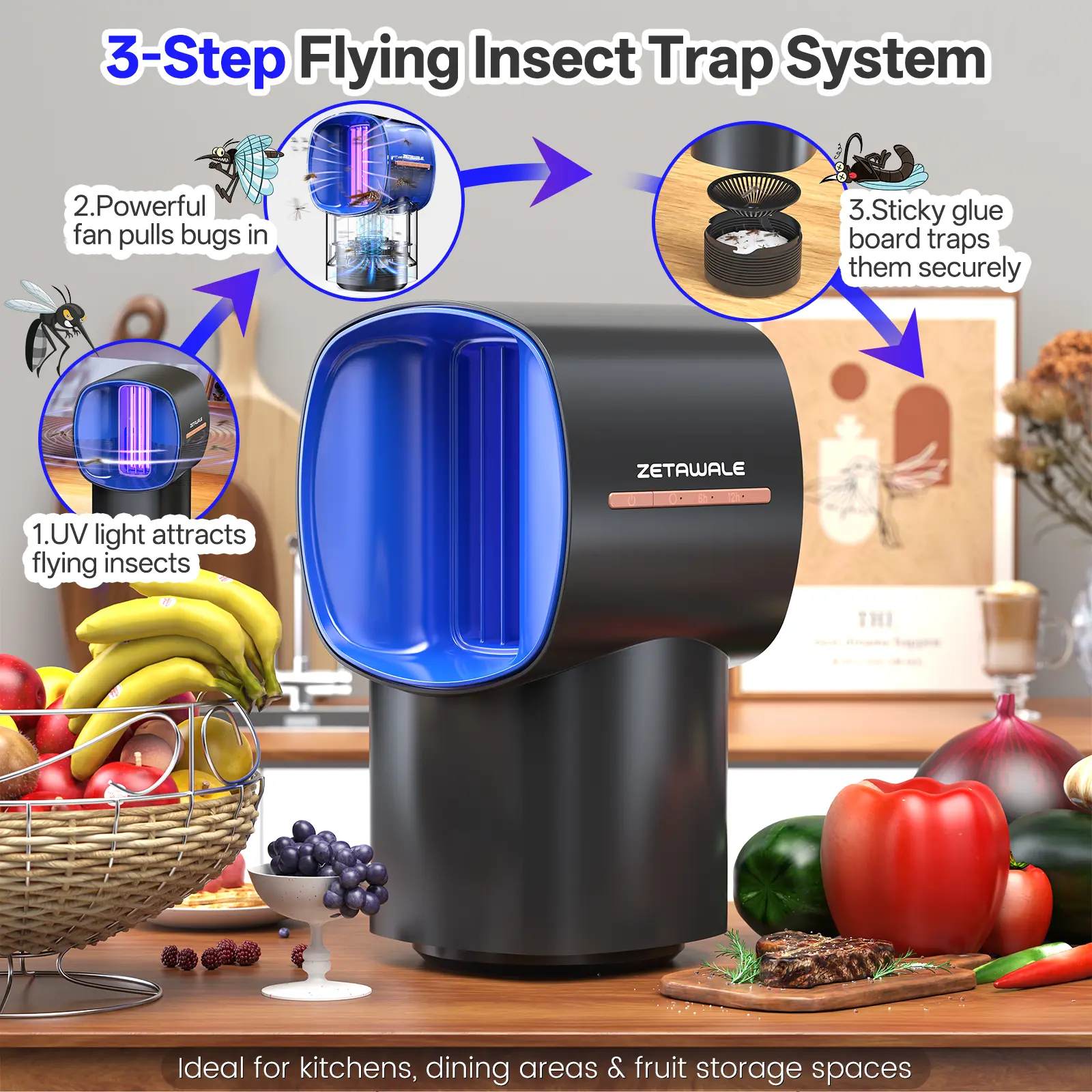 Fruit Fly Traps for Indoors, Gnat and Insects Catcher for House with UV Light, Heat Lure, Fan Suction, Ideal for Kitchen, Patio, Plant Pots, Bedroom, 5 Sticky Pads Included, USB-C Powered