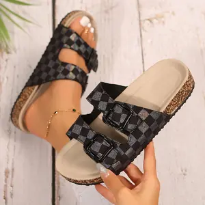Womens Sandals Summer Style Sandals Cork Footbed Color Block Slipper and Double Buckle Adjustable Straps