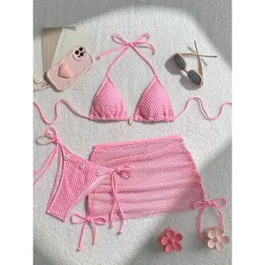 Women's 3-Piece Bikini Swimsuit Set, Fresh Pink Colorway + Honeycomb Mesh Texture Fabric + Shell Decor + Triangle Cups at Neck, Slit Design 3-Piece Bikini, Pink Mesh 3-Piece Bikini, Shell Decor Neck Swimsuit